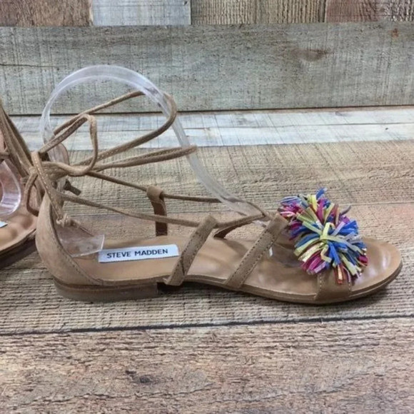 Steve Madden Swizzle Leather Gladiator Sandals Womens 7 Suede Lace Up Fringe Toe - Picture 4 of 11
